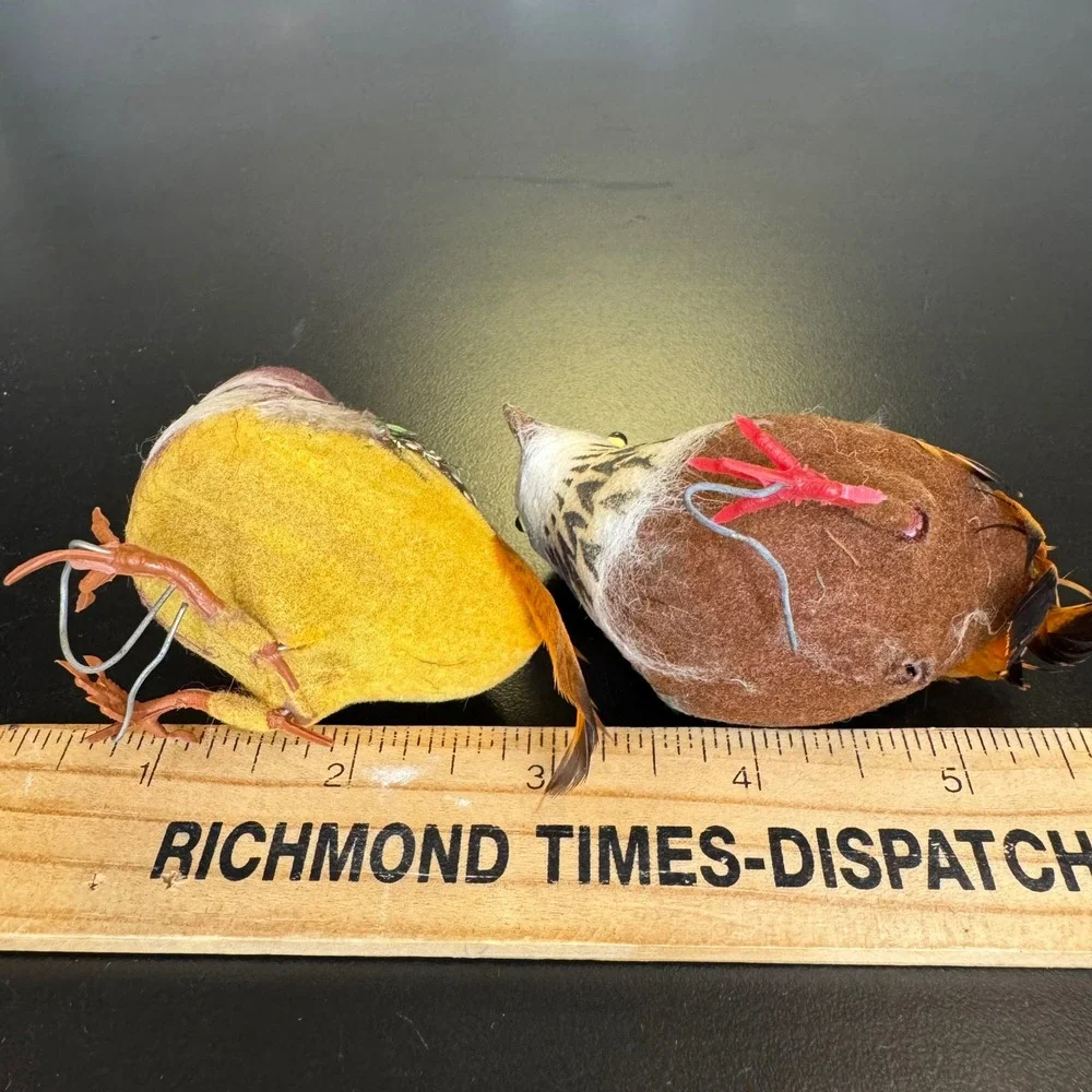 Vintage Bird Ornaments Set of 2 Small Multicolor Sequin Feathered Flocked Decor